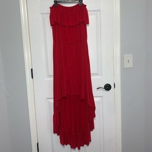 red strapless high & low dress